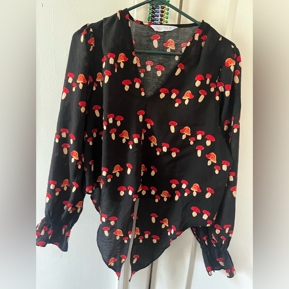 compañia fantastica brand cropped mushroom shirt with front tie